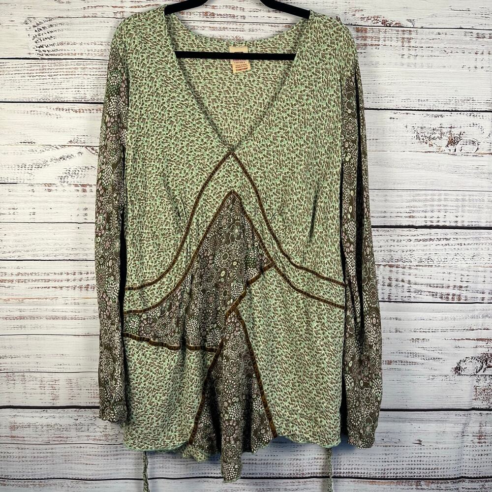 Womens Y2K Faded Glory Green Brown V-Neck Tunic Blouse Whimsigoth Fairy 22/24 3X